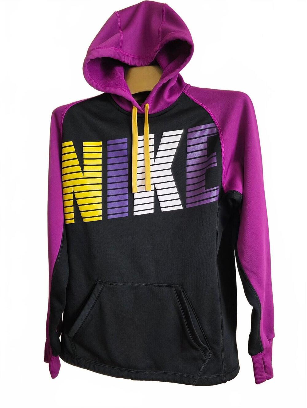 Nike Pullover Hoodie Black Purple with Yellow Drawstring Size M